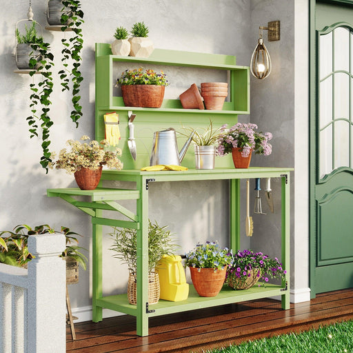 65inch Garden Wood Workstation Backyard Potting Bench Table with Shelves, Side Hook and Foldable Side Table - Green image