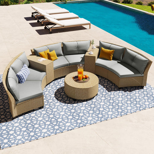 6-Person Fan-shaped Brown Rattan Suit with Gray Cushions and Coffee Table image