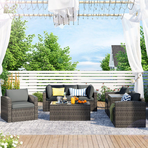 7 PCS Outdoor Patio Arrangeable Wicker Rattan Furniture Sets with Table,Storage Box, and Gray Cushion image