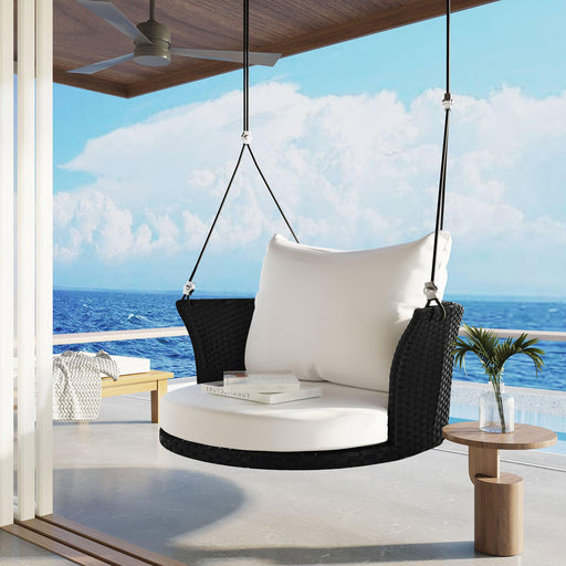 Single Person Rattan Woven Swing Hanging Seat With Ropes, Black Wicker and White Cushion image