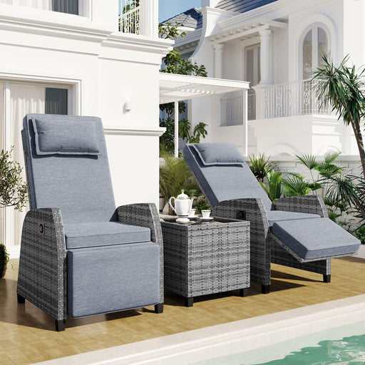2 PCS Outdoor Adjustable Armchairs with Gray Cushions and Glass Table Top image