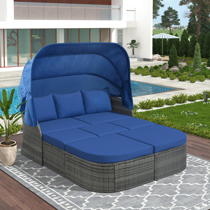 Outdoor Patio Furniture Set Daybed Sunbed with Retractable Canopy and Blue Cushions image