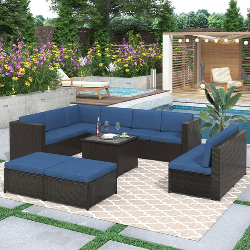 9 PCS Outdoor Black Rattan Sectional Seating Group with Blue Cushions and Ottoman image