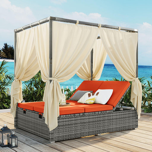 Adjustable Sun Bed With Beige Curtain and Orange Cushion image
