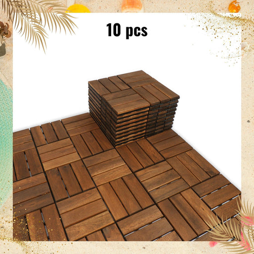 10 PCS Outdoor Square Brown Acacia Hardwood 12" x 12" Interlocking Deck Tiles Checker Pattern image