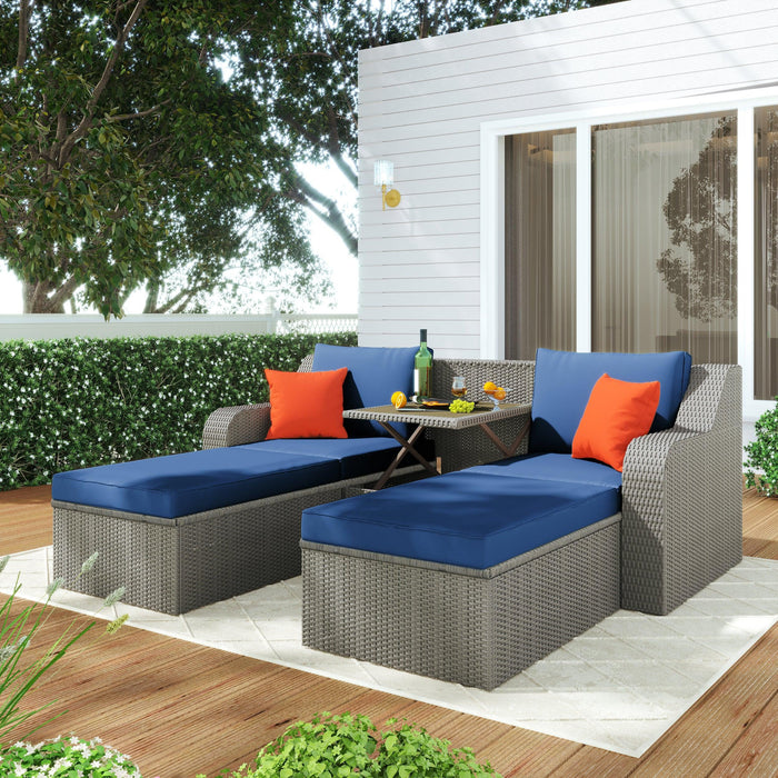 3PCS Outdoor Patio Rattan Wicker Sofa with Ottomansm Blue Cushions, and Lifted Top Coffee Table image