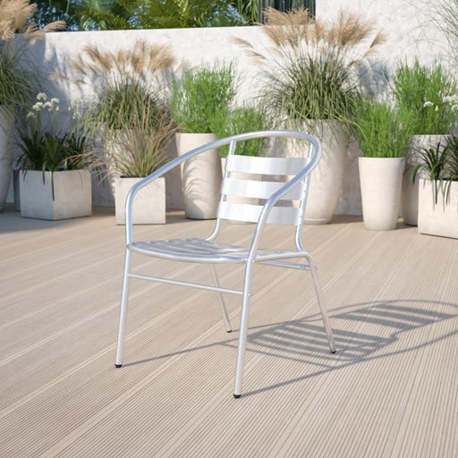 Lila Commercial Aluminum Indoor-Outdoor Restaurant Stack Chair with Triple Slat Back and Arms image