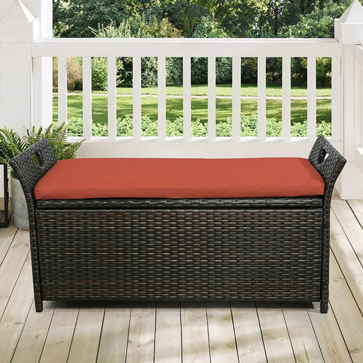 Patio WickerStorage Bench Outdoor Rattan DeckStorage Box with Red Cushion image