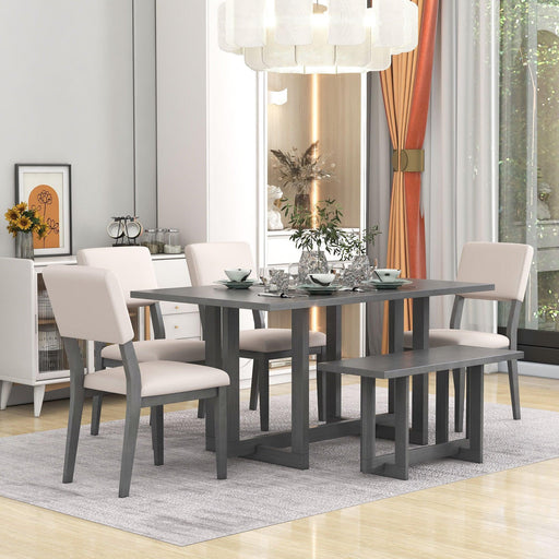 Wooden 6-Piece Dining Table Set H-shaped Support Design Dining Table, Four Chairs with Soft Cushions and One Wooden Bench (Gray) image