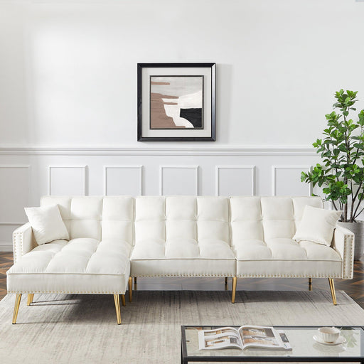 cream white Velvet Upholstered Reversible Sectional Sofa Bed , L-Shaped Couch with Movable Ottoman For Living Room. image