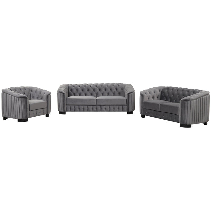 Modern 3-Piece Sofa Sets with Rubber Wood Legs,Velvet Upholstered Couches Sets Including Three Seat Sofa, Loveseat and Single Chair for Living Room Furniture Set,Gray image