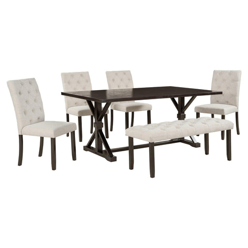 6-Piece Farmhouse Dining Table Set 72" Wood Rectangular Table, 4 Upholstered Chairs with Bench (Espresso) image