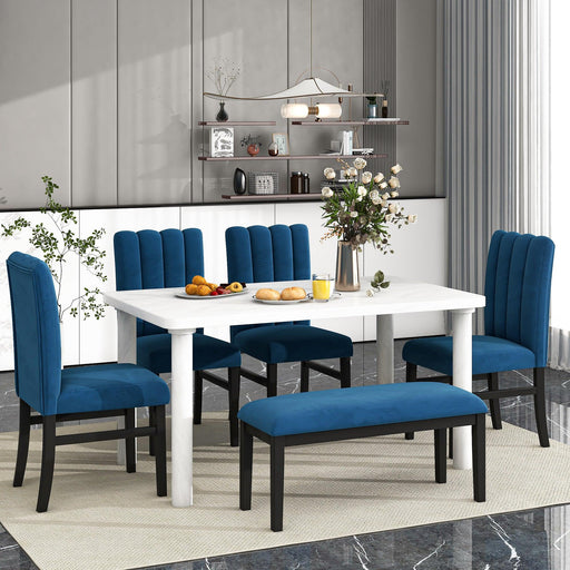 6-Piece Dining Table Set with Marble Veneer Table and 4 Flannelette Upholstered Dining Chairs & Bench (White+Blue) image