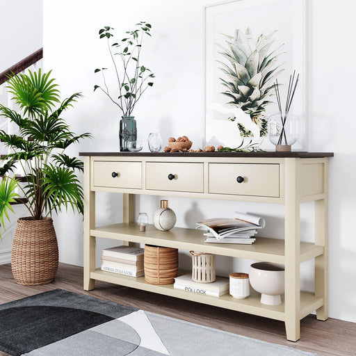 Retro Design Console Table with Two Open Shelves, Pine Solid Wood Frame and Legs for Living Room (Espresso+Beige) image