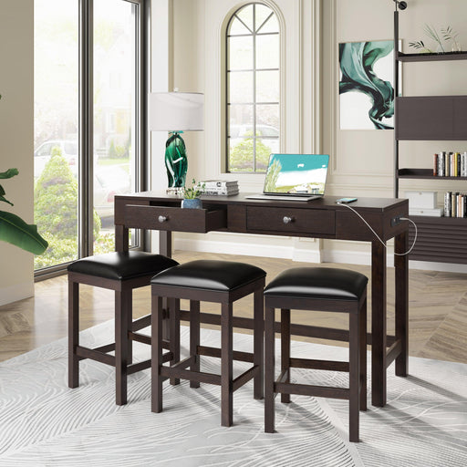 4-Piece Counter Height Table Set with Socket and Leather Padded Stools, Espresso image