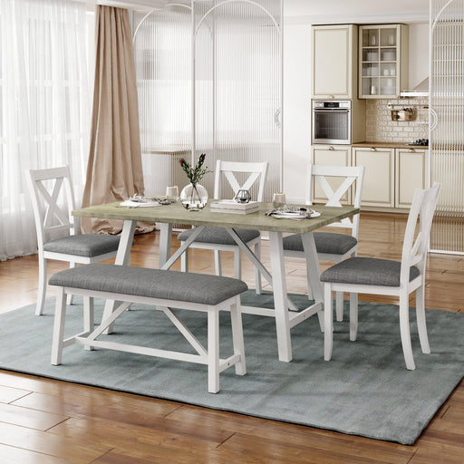 6 Piece Dining Table Set Wood Dining Table and chair Kitchen Table Set with Table, Bench and 4 Chairs, Rustic Style,White+Gray image