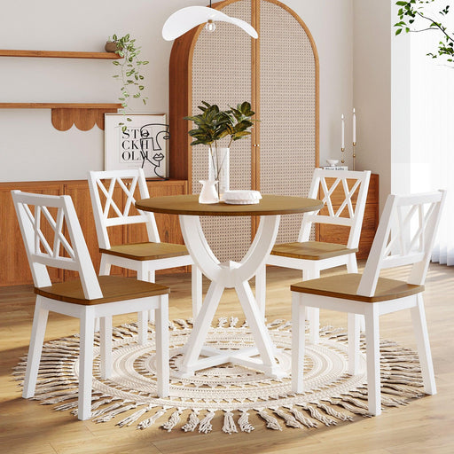 Mid-Century 5-Piece Round Dining Table Set with Trestle Legs and 4 Cross Back Dining Chairs, Antique Oak+White image