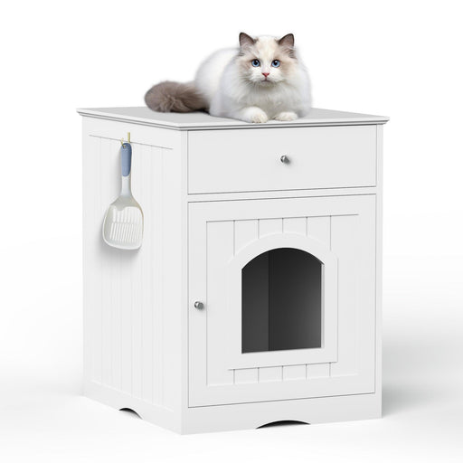 Wooden Pet House Cat Litter Box Enclosure with Drawer, Side Table, Indoor Pet Crate, Cat Home Nightstand (White) image