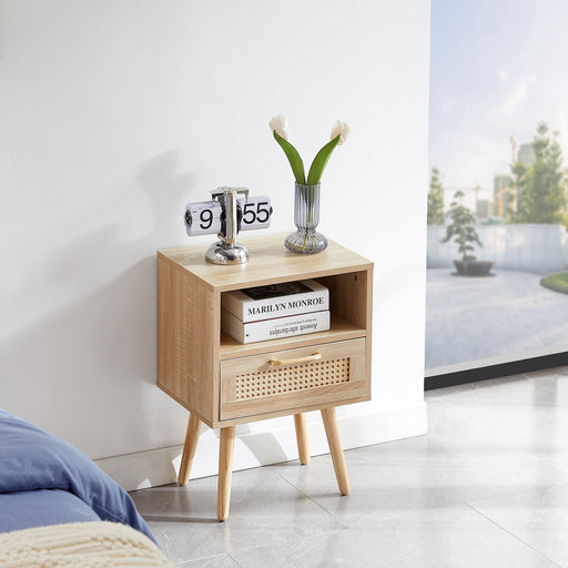 15.75" Rattan End table with  drawer and solid wood legs,Modern nightstand, side table for living roon, bedroom,natural image