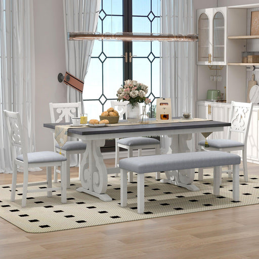 6-Piece Wooden Dining Table Set, Farmhouse Rectangular Dining Table, Four Chairs with Exquisitely Designed Hollow Chair Back and Bench for Home Dining Room (Gray+White) image