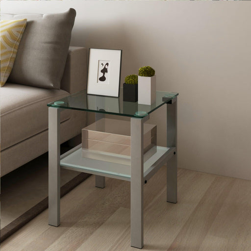 Glass two layer tea table, small round table, bedroom corner table, living room grey side table image