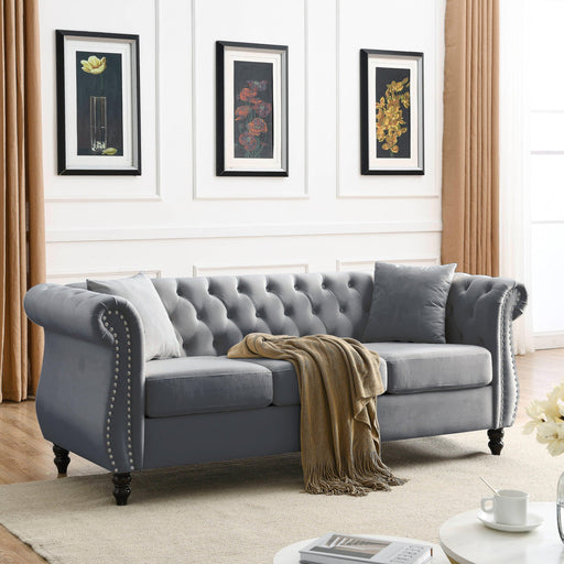 80" Chesterfield Sofa Grey Velvet for Living Room, 3 Seater Sofa Tufted Couch with Rolled Arms and Nailhead for Living Room, Bedroom, Office, Apartment, two pillows image