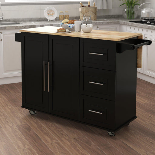 Kitchen Island with Spice Rack, Towel Rack and Extensible Solid Wood Table Top-Black image