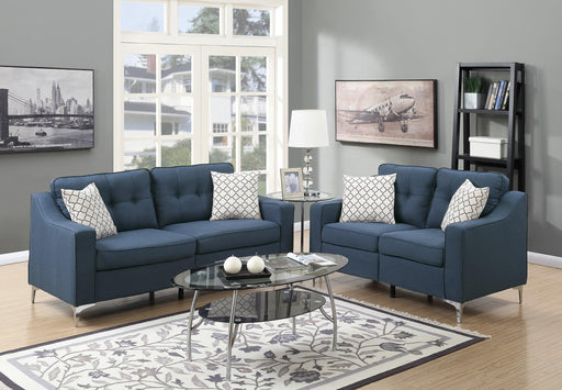 Living Room Navy Glossy Polyfber Sofa And Loveseat Furniture Plywood Metal Legs Couch Pillows 2pc Sofa set image