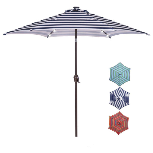 Outdoor Patio 8.7-Feet Market Table Umbrella with Push Button Tilt and Crank, Blue White Stripes With 24 LED Lights[Umbrella Base is not Included] image