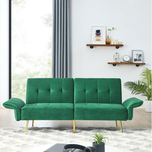78" Italian Velvet Futon Sofa Bed, Convertible Sleeper Loveseat Couch with Folded Armrests andStorage Bags for Living Room and Small Space, Green 280g velvet image
