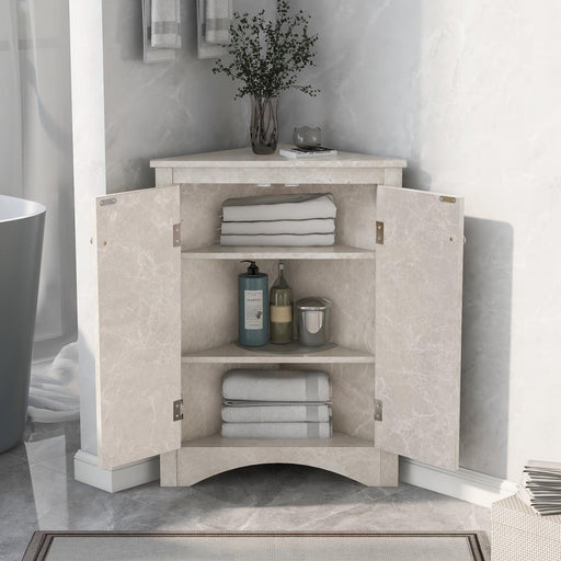 White Marble Triangle BathroomStorage Cabinet with Adjustable Shelves, Freestanding Floor Cabinet for Home Kitchen image