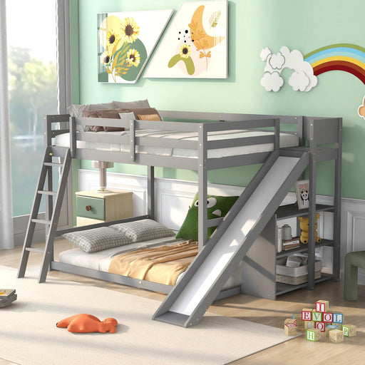 Full over Full Low Bunk Bed with Ladder, Slide and Shelves - Gray image