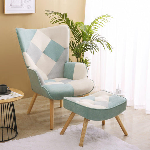 Accent Chair with Ottoman, Living Room Chair and Ottoman Set, Comfy Side Armchair for Bedroom, Creative Splicing Cloth Surface, Blue image