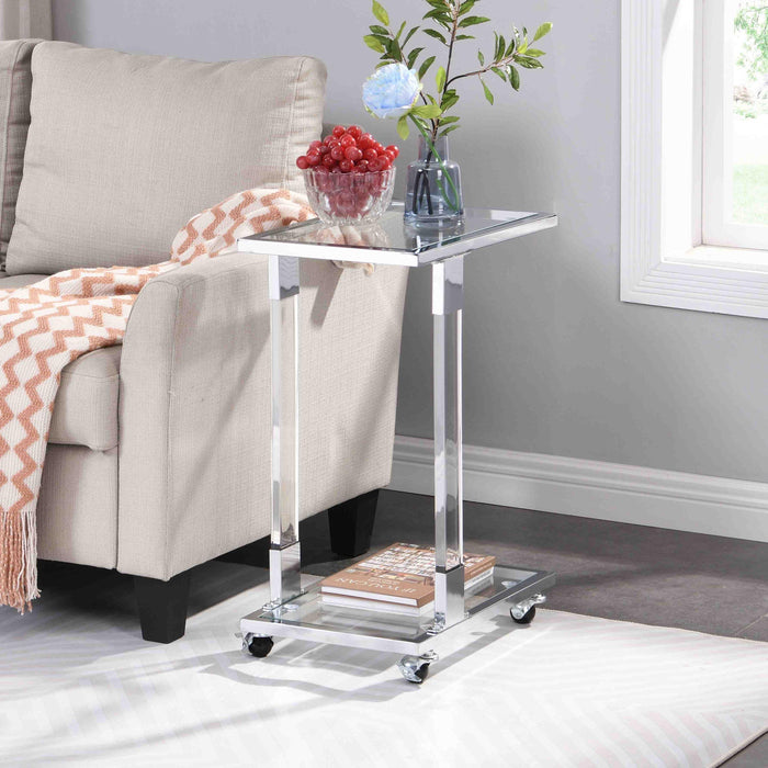 Chrome Glass Side Table, Acrylic End Table, Glass Top C Shape Square Table with Metal Base for Living Room, Bedroom, Balcony Home and Office image