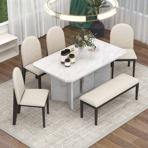 6-PieceModern Style Dining Set with Faux Marble Table and 4 Upholstered Dining Chairs & 1 Bench (White) image