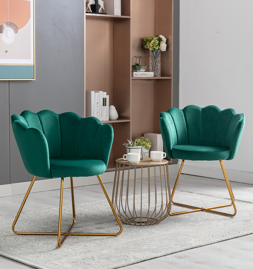 Zen Zone Velvet Accent/Conversation Lounge Chair With Iron Metal Gold Plated Legs, Suitable For Office, Lounge, Living Room, Set of 2, Green image