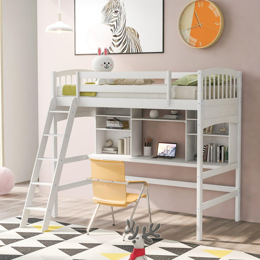 Twin size Loft Bed withStorage Shelves, Desk and Ladder, White image