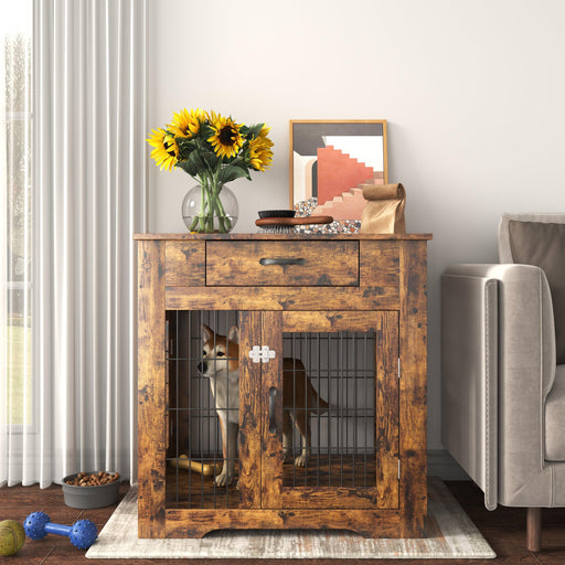 Furniture Style Dog Crate End Table with Drawer, Pet Kennels with Double Doors , Dog House Indoor Use, （Rustic Brown，29.92”w x 24.80”d x 30.71”h） image