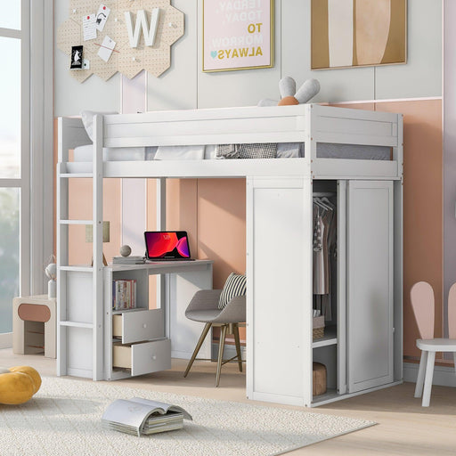 Wood Twin Size Loft Bed with Wardrobes and 2-Drawer Desk with Cabinet, White image