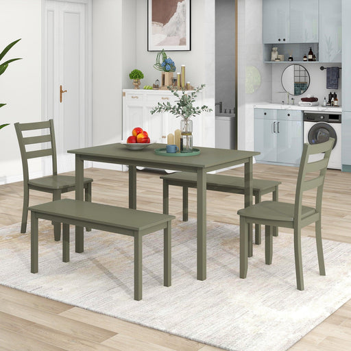 5-piece Wooden Dining Set, Kitchen Table with 2 Dining Chairs and 2 Benches, Farmhouse Rustic Style, Green image