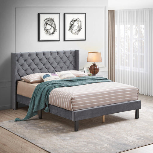 Velvet Button Tufted-Upholstered Bed with Wings Design - Strong Wood Slat Support - Easy Assembly - Gray, Queen, platform bed image
