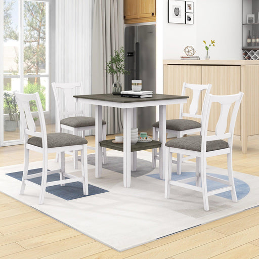 Farmhouse 5-Piece Wood Counter Height Dining Table Set withStorage Shelf, Square Table and 4 Upholstered Chairs for Small Space, Antique White image
