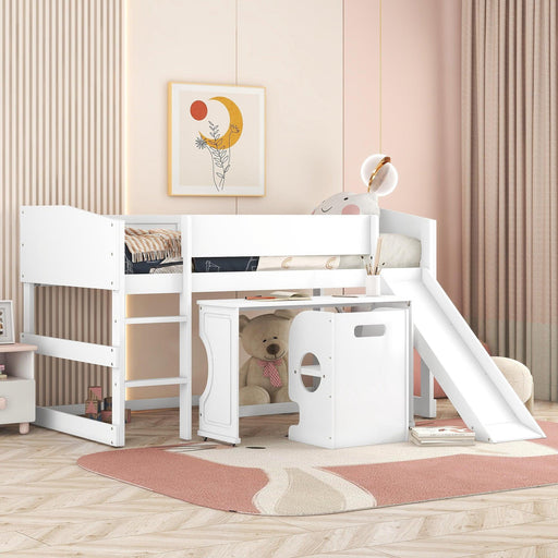 Low Study Twin Loft Bed with Rolling Portable Desk and Chair,Multiple Functions Bed- White image