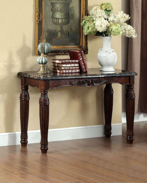 Traditional Espresso Solid wood Sofa Table Faux Marble Top Intricate design Living Room Furniture image