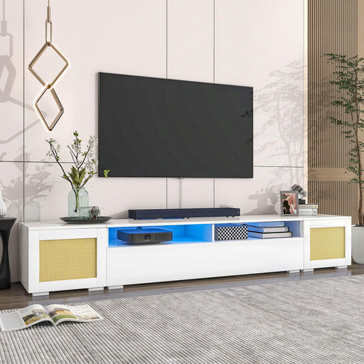 Rattan Style Entertainment Center with Push to Open Doors, 3-pics Extended TV Console Table for TVs Up to 90”,Modern TV Stand with Color Changing LED Lights for  Home Theatre, White image