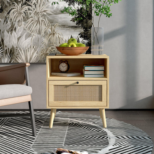 Rattan Nightstand, Wooden Bedside Table End Table for Living Room and Bedroom image