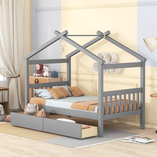 Twin Size Wooden House Bed with Drawers, Gray image