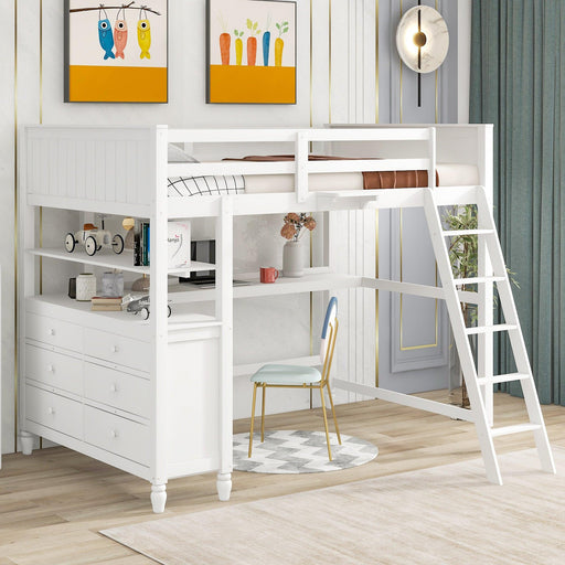 Full size Loft Bed with Drawers and Desk, Wooden Loft Bed with Shelves - White image