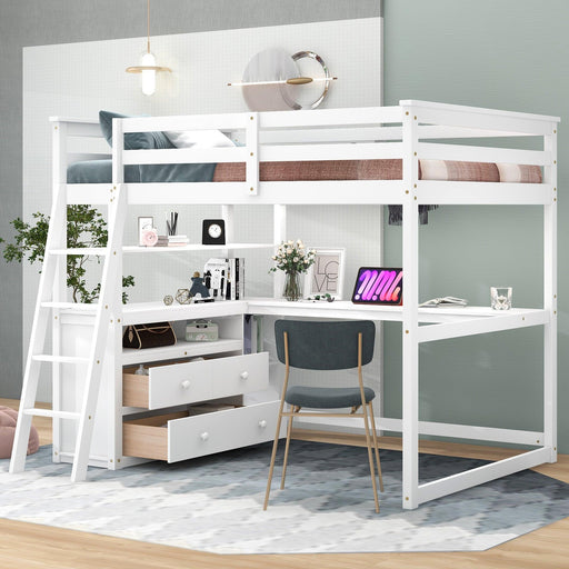Full Size Loft Bed with Desk and Shelves,Two Built-in Drawers,White image