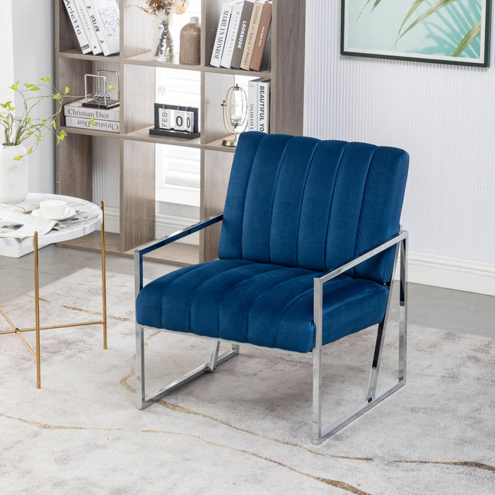 Velvet vertical stripe armchair gold metal frame accent chair suitable for living room, bedroom(Blue) image